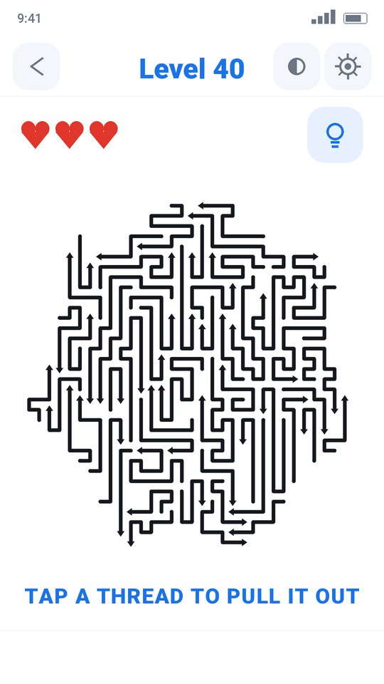 Unthread gameplay: a picture made of tangled threads, each ending in an arrow